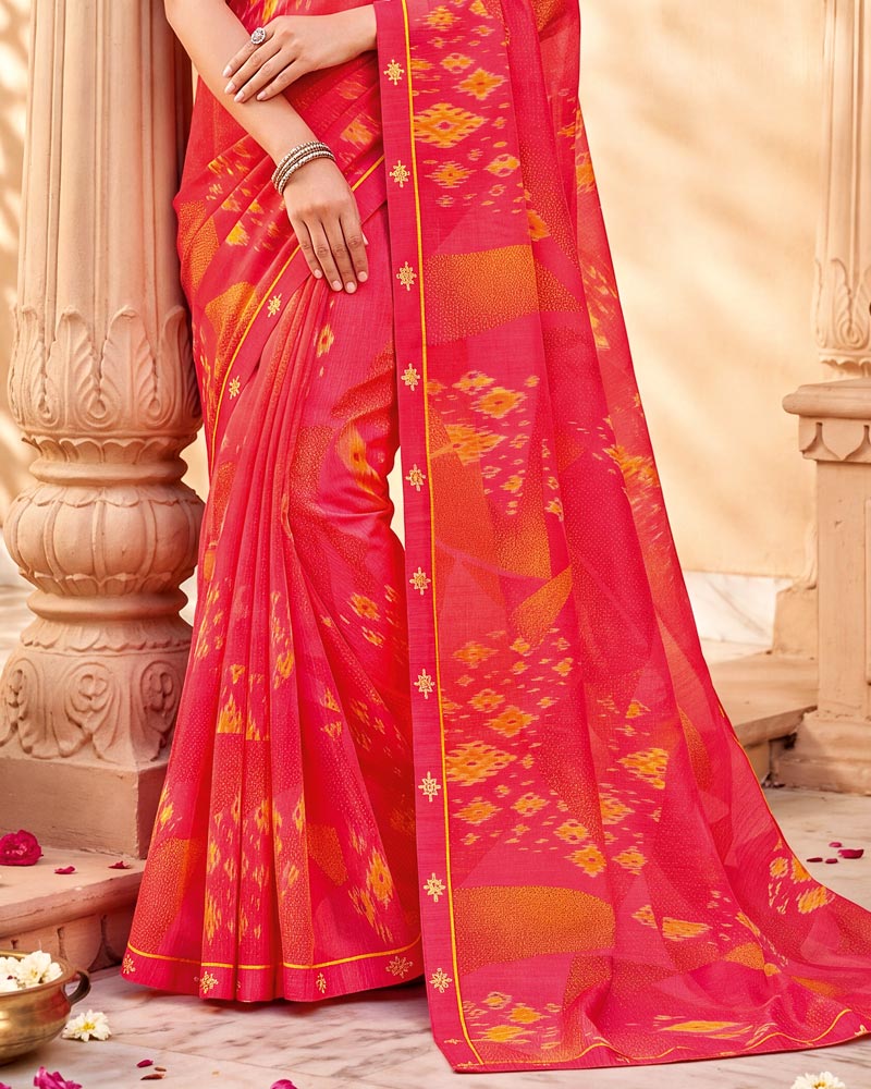 Vishal Prints Pinkish Red Printed Chiffon Saree With Fancy Border