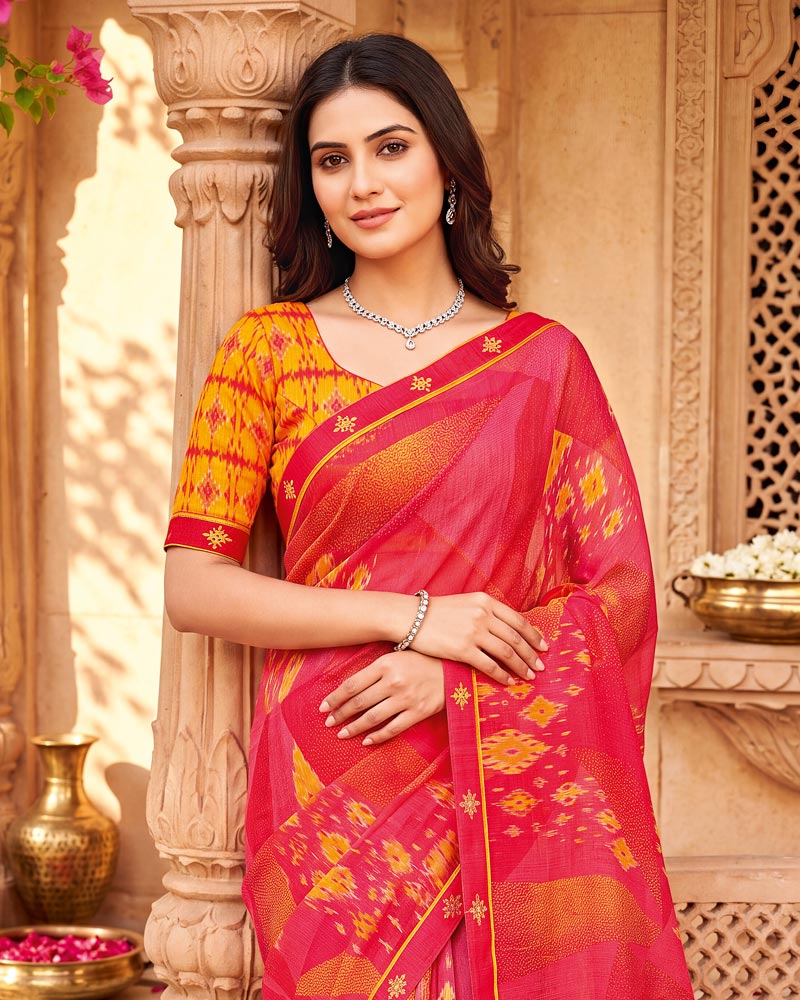 Vishal Prints Pinkish Red Printed Chiffon Saree With Fancy Border