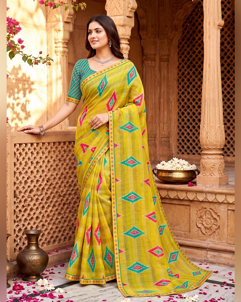 Vishal Prints Bright Sun Yellow Printed Chiffon Saree With Fancy Border
