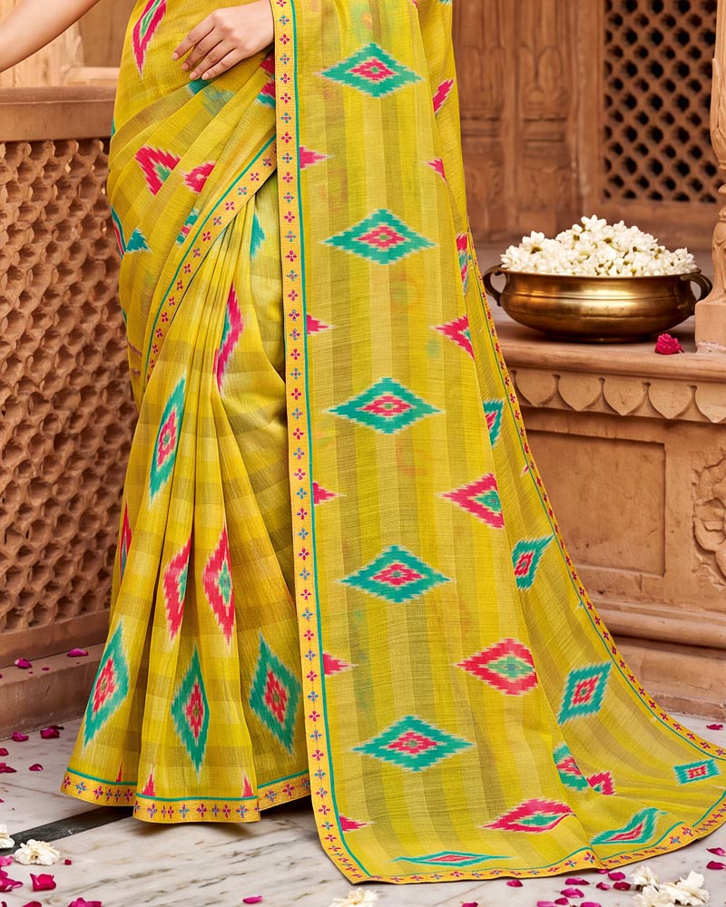 Vishal Prints Bright Sun Yellow Printed Chiffon Saree With Fancy Border