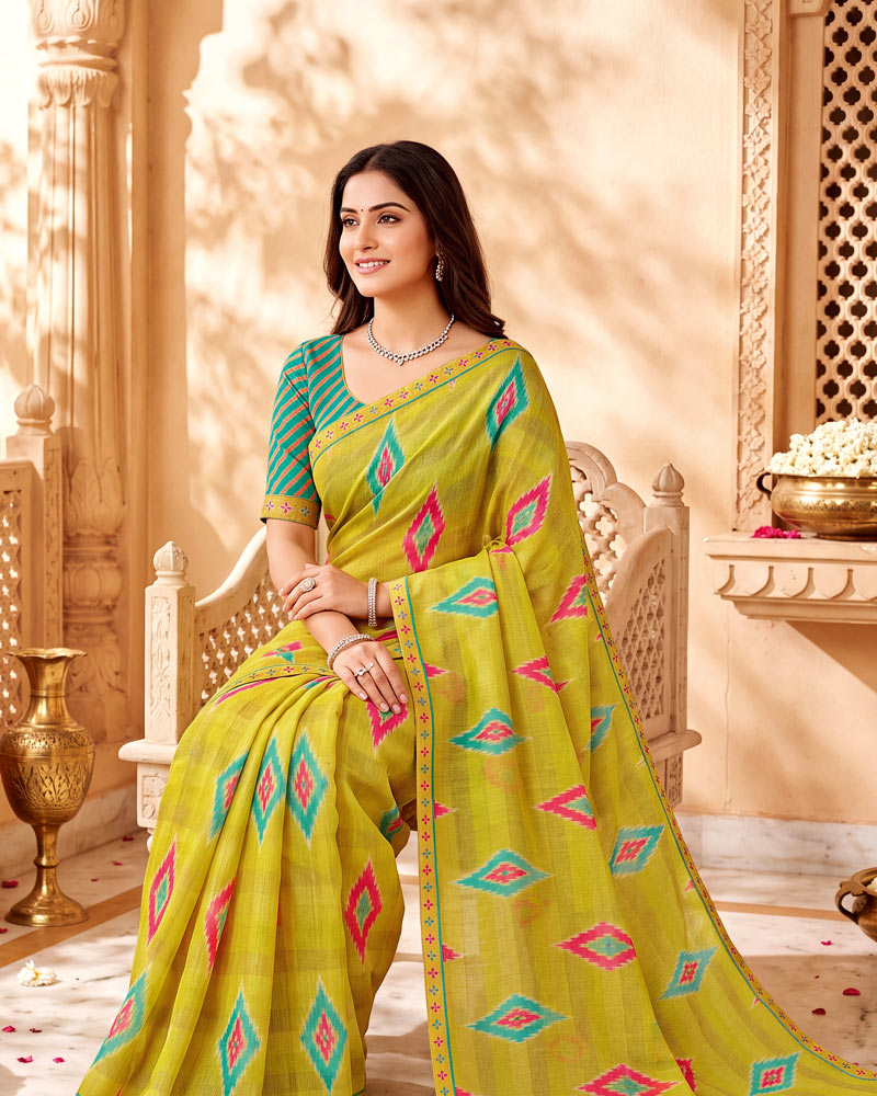 Vishal Prints Bright Sun Yellow Printed Chiffon Saree With Fancy Border
