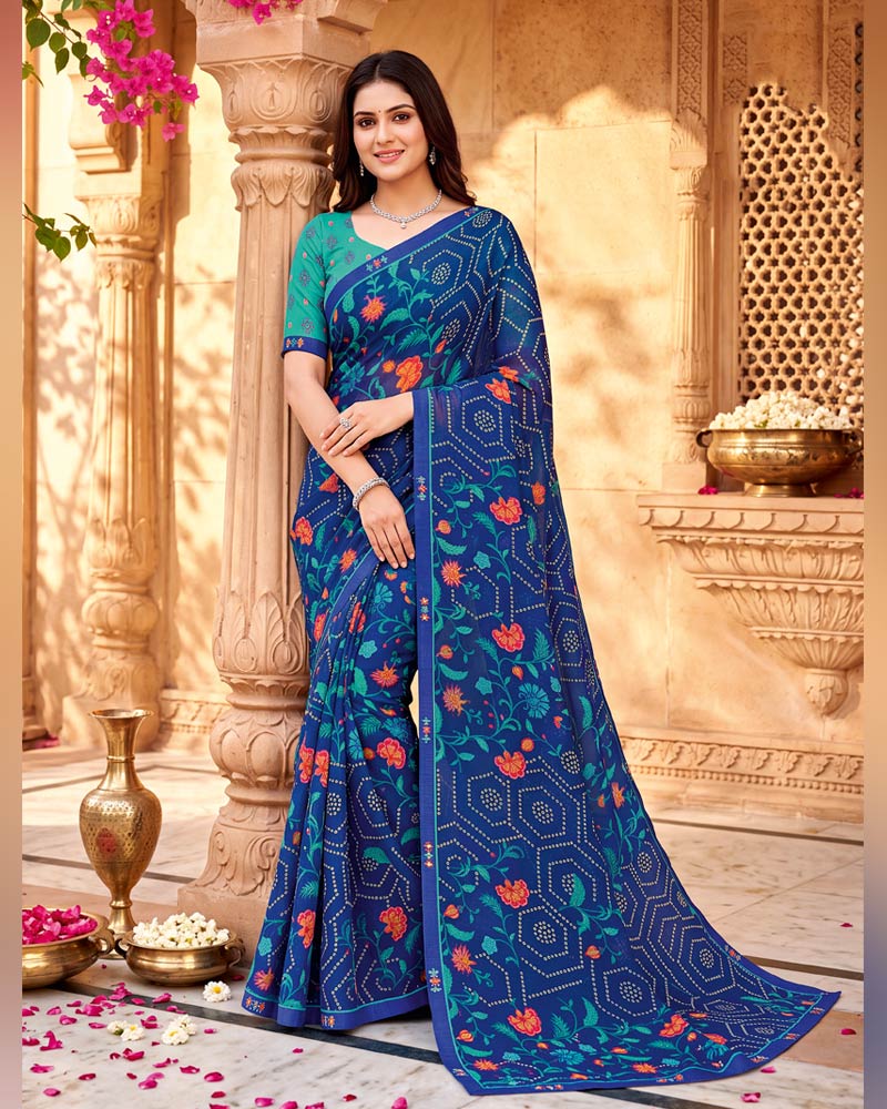 Vishal Prints Royal Blue Printed Chiffon Saree With Fancy Border