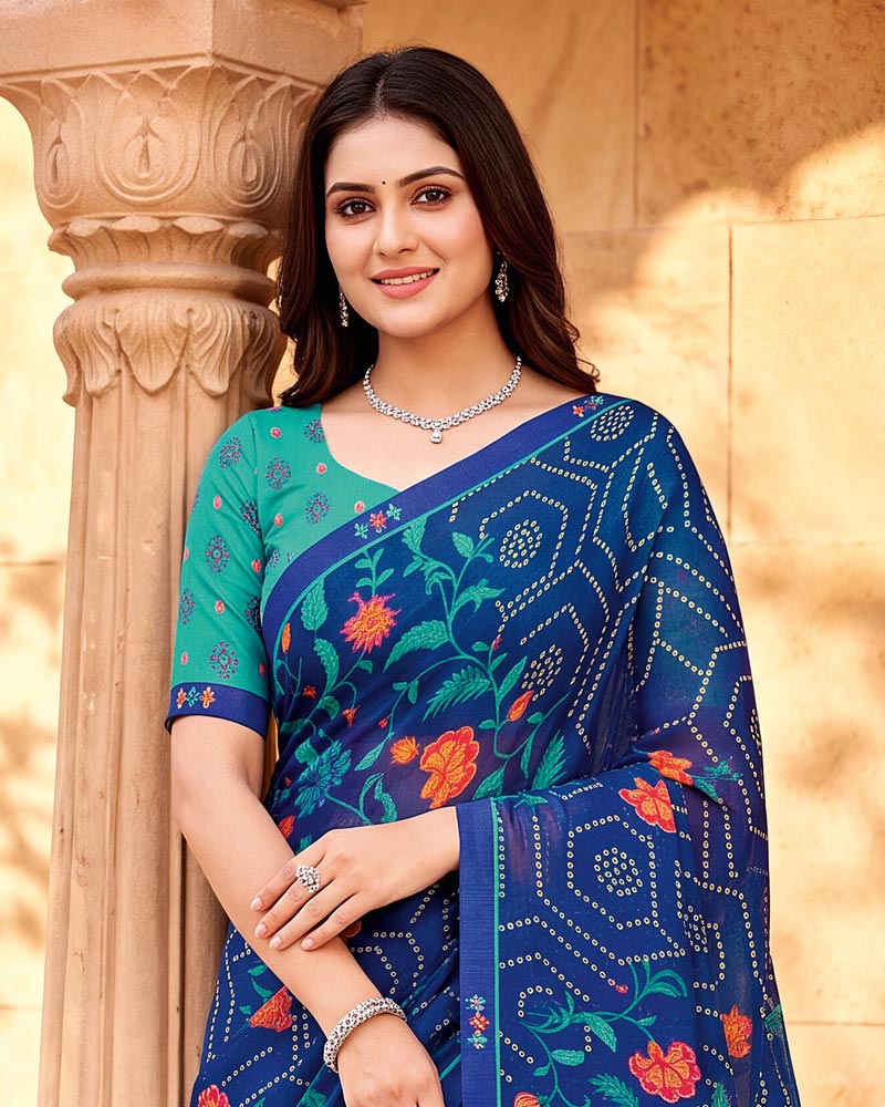 Vishal Prints Royal Blue Printed Chiffon Saree With Fancy Border