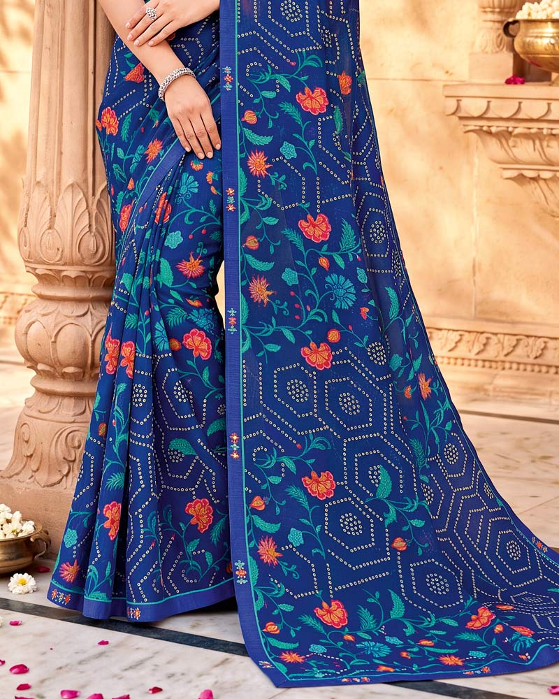 Vishal Prints Royal Blue Printed Chiffon Saree With Fancy Border