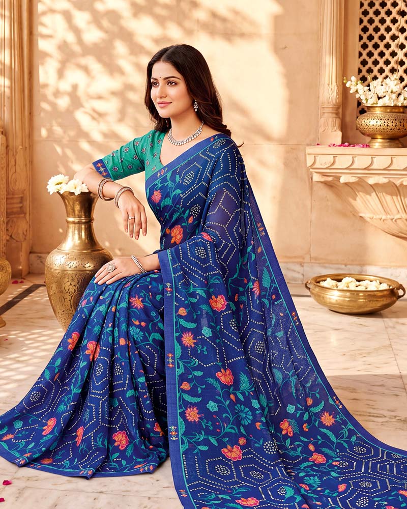 Vishal Prints Royal Blue Printed Chiffon Saree With Fancy Border