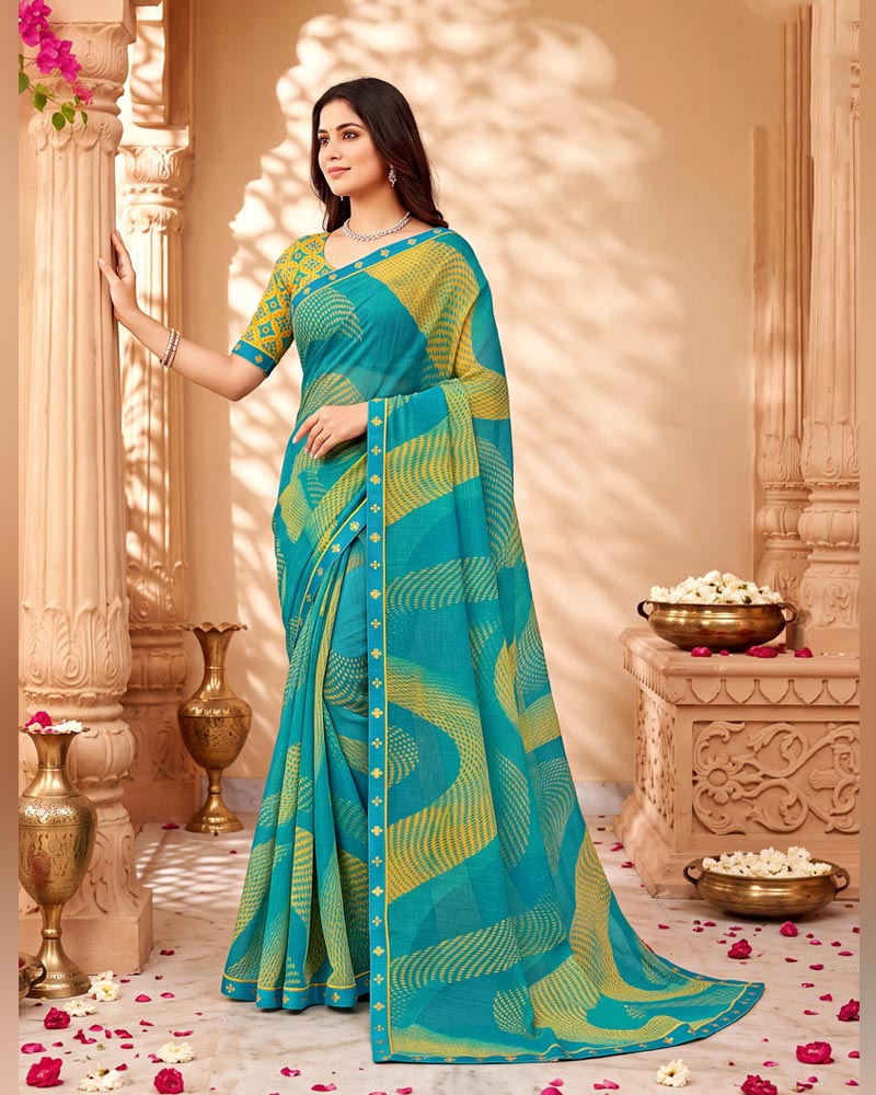 Vishal Prints Eastern Blue Printed Chiffon Saree With Fancy Border
