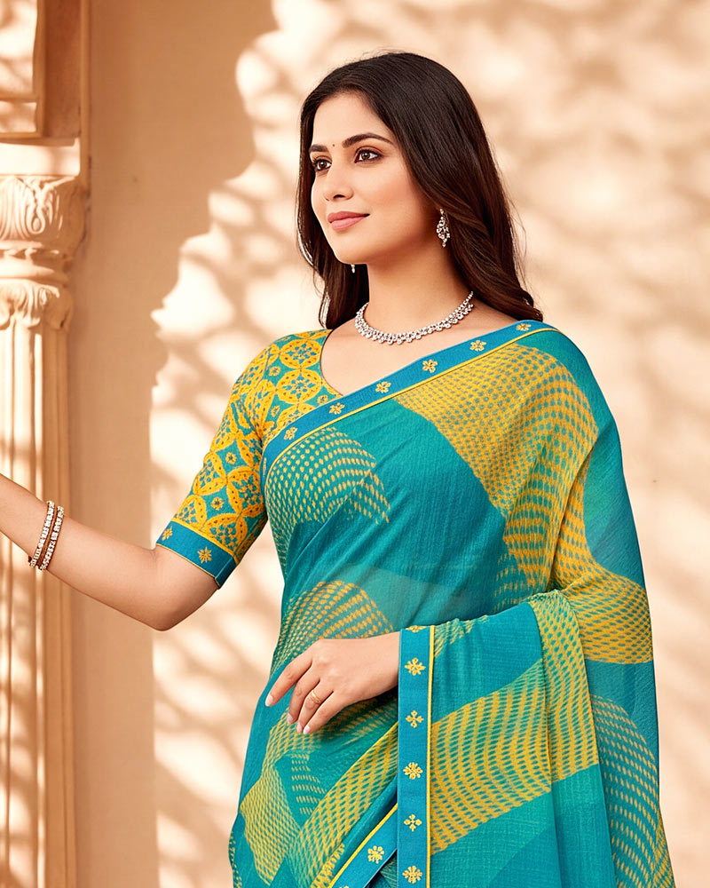 Vishal Prints Eastern Blue Printed Chiffon Saree With Fancy Border