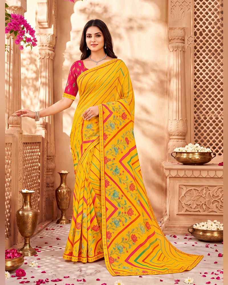 Vishal Prints Lightning Yellow Printed Chiffon Saree With Fancy Border