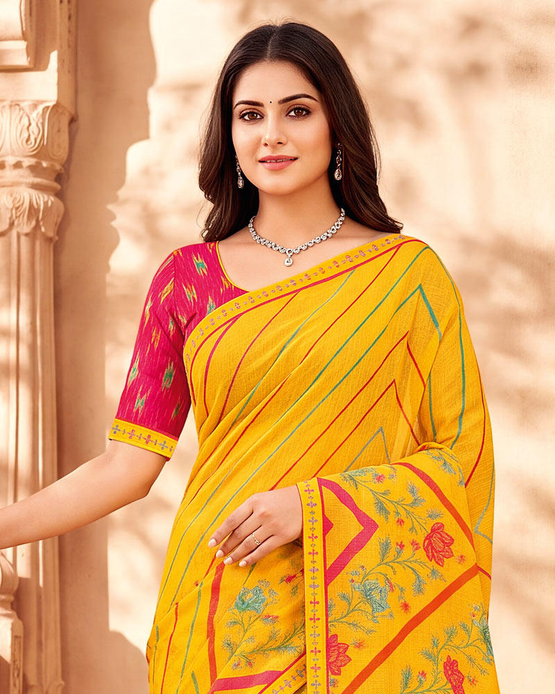 Vishal Prints Lightning Yellow Printed Chiffon Saree With Fancy Border