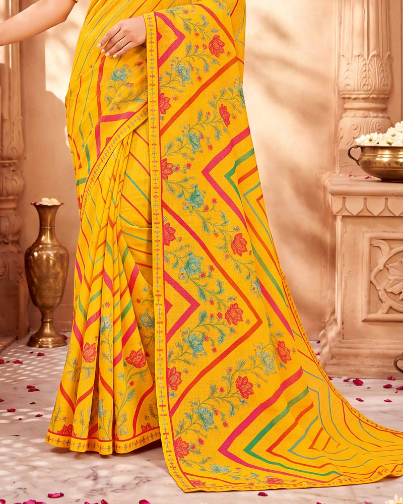 Vishal Prints Lightning Yellow Printed Chiffon Saree With Fancy Border
