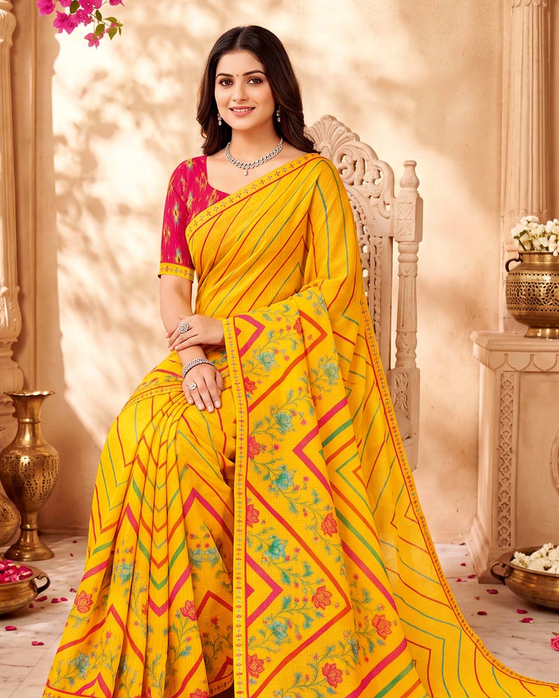 Vishal Prints Lightning Yellow Printed Chiffon Saree With Fancy Border