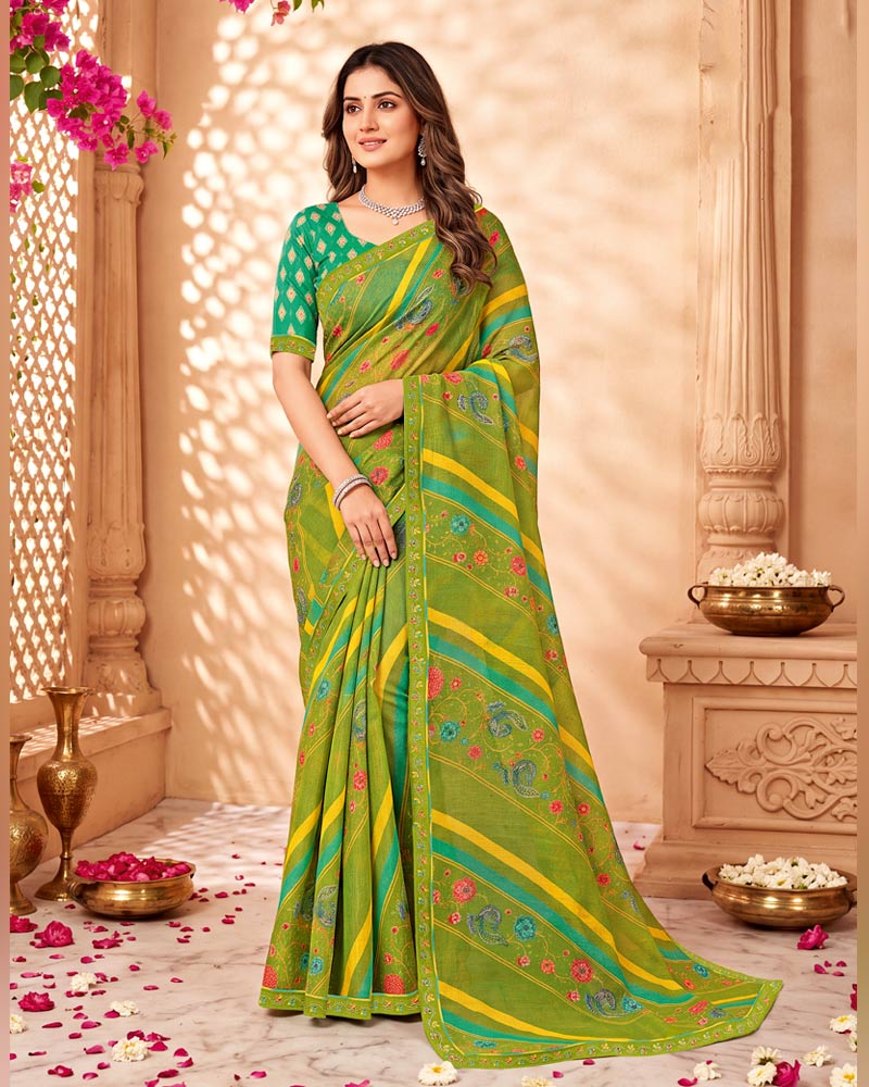 Vishal Prints Olive Green Printed Chiffon Saree With Fancy Border