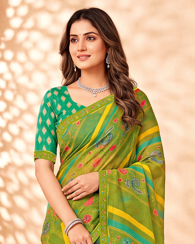 Vishal Prints Olive Green Printed Chiffon Saree With Fancy Border