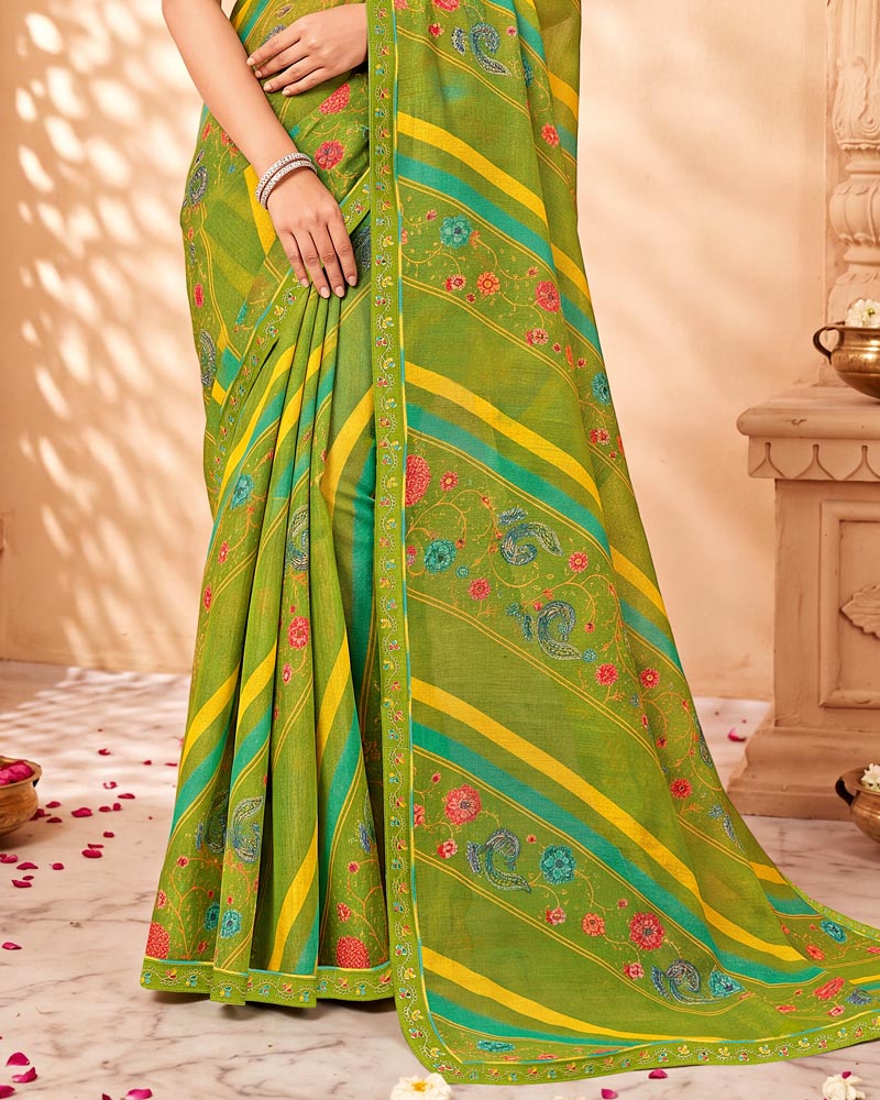 Vishal Prints Olive Green Printed Chiffon Saree With Fancy Border