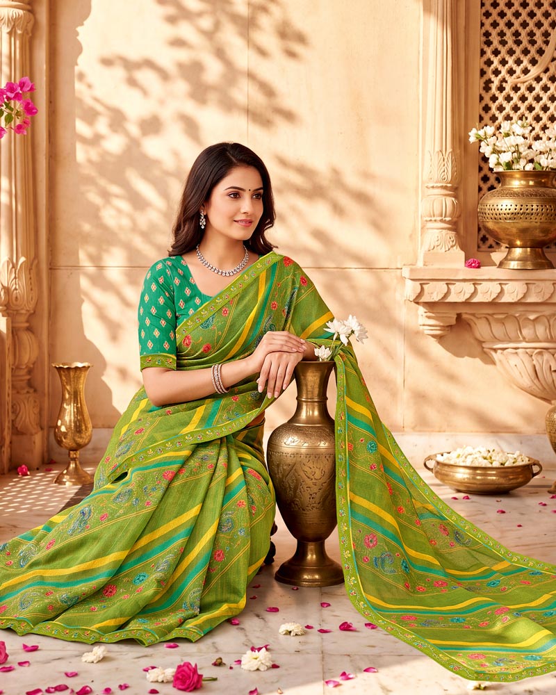 Vishal Prints Olive Green Printed Chiffon Saree With Fancy Border