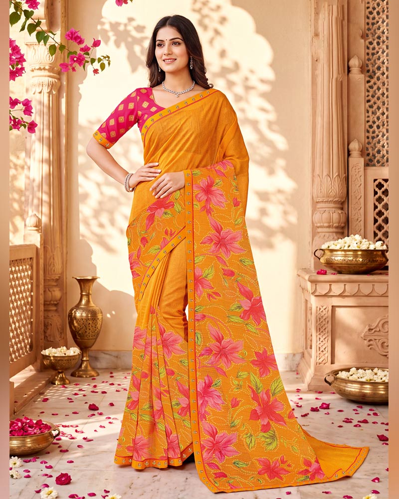 Vishal Prints Cadmium Orange Printed Chiffon Saree With Fancy Border