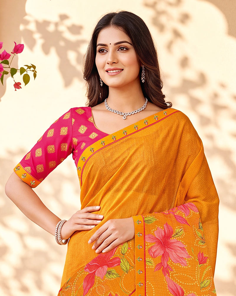 Vishal Prints Cadmium Orange Printed Chiffon Saree With Fancy Border