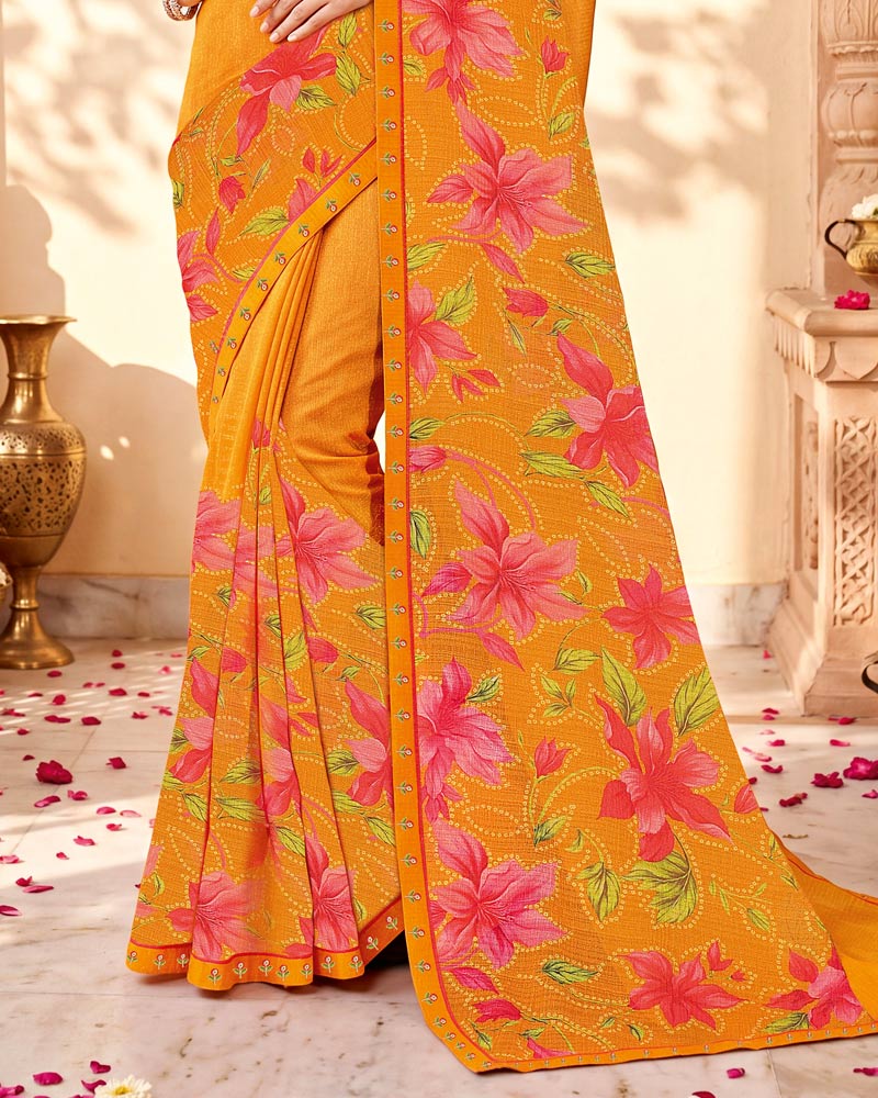 Vishal Prints Cadmium Orange Printed Chiffon Saree With Fancy Border