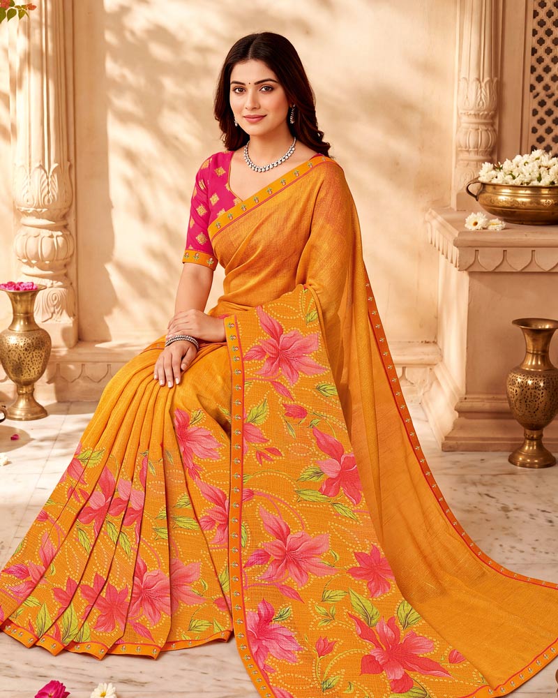 Vishal Prints Cadmium Orange Printed Chiffon Saree With Fancy Border