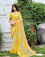 Vishal Prints Indian Yellow Fancy Chiffon Digital Print Saree With Foil Print And Fancy Border