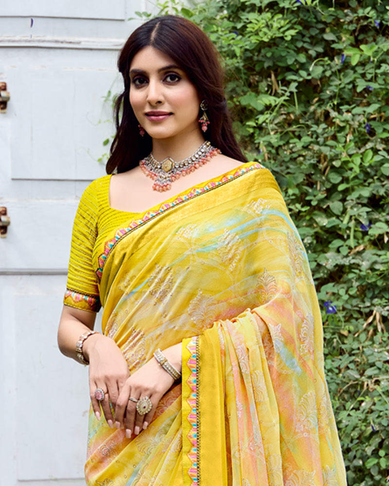 Vishal Prints Indian Yellow Fancy Chiffon Digital Print Saree With Foil Print And Fancy Border