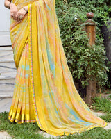 Vishal Prints Indian Yellow Fancy Chiffon Digital Print Saree With Foil Print And Fancy Border