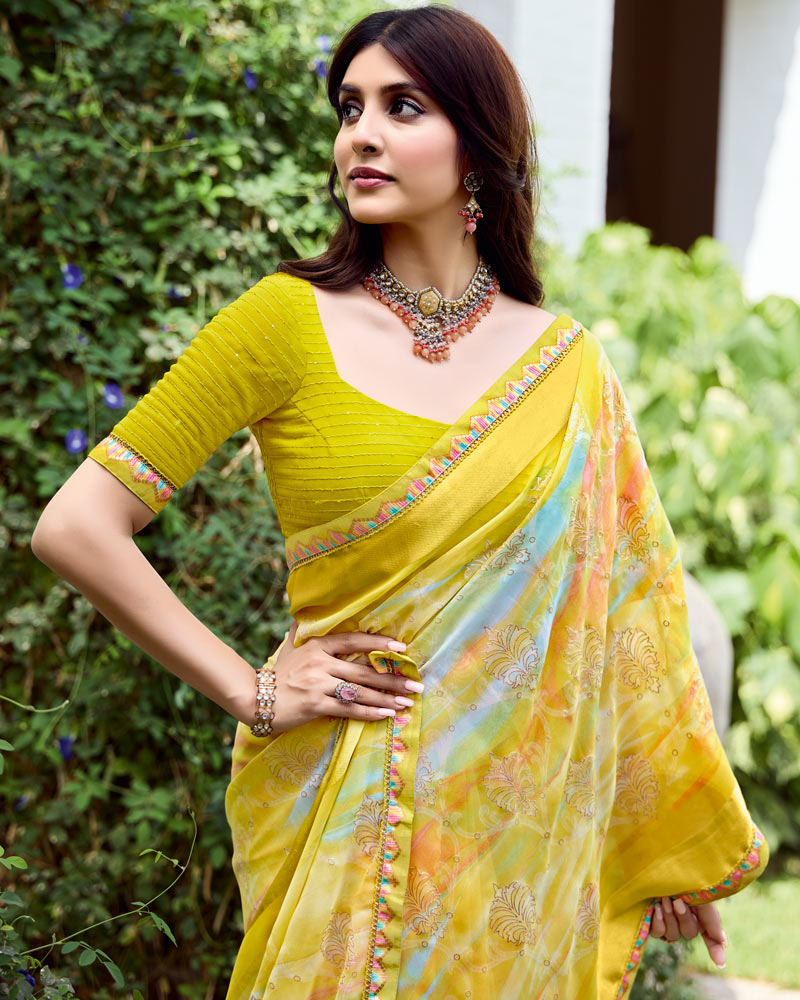 Vishal Prints Indian Yellow Fancy Chiffon Digital Print Saree With Foil Print And Fancy Border