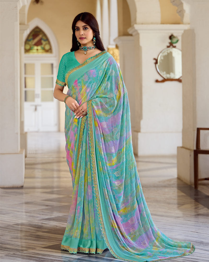 Vishal Prints Light Sea Green Fancy Chiffon Digital Print Saree With Foil Print And Fancy Border