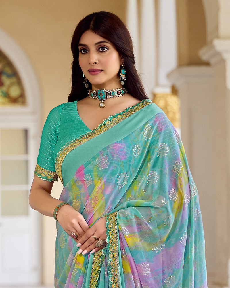 Vishal Prints Light Sea Green Fancy Chiffon Digital Print Saree With Foil Print And Fancy Border