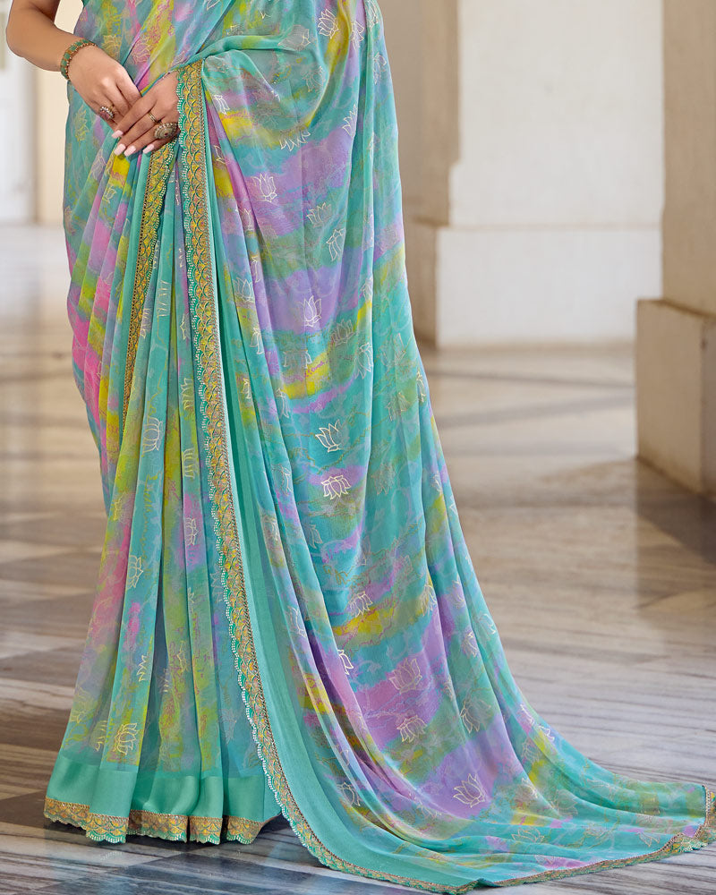 Vishal Prints Light Sea Green Fancy Chiffon Digital Print Saree With Foil Print And Fancy Border
