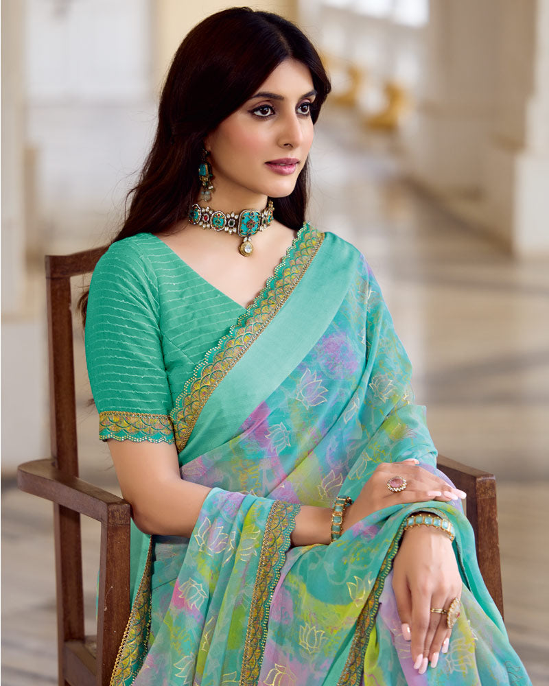 Vishal Prints Light Sea Green Fancy Chiffon Digital Print Saree With Foil Print And Fancy Border