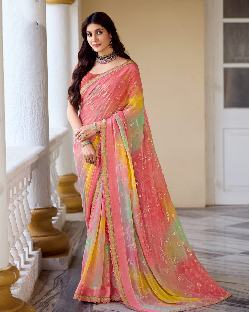 Vishal Prints Light Coral Fancy Chiffon Digital Print Saree With Foil Print And Fancy Border