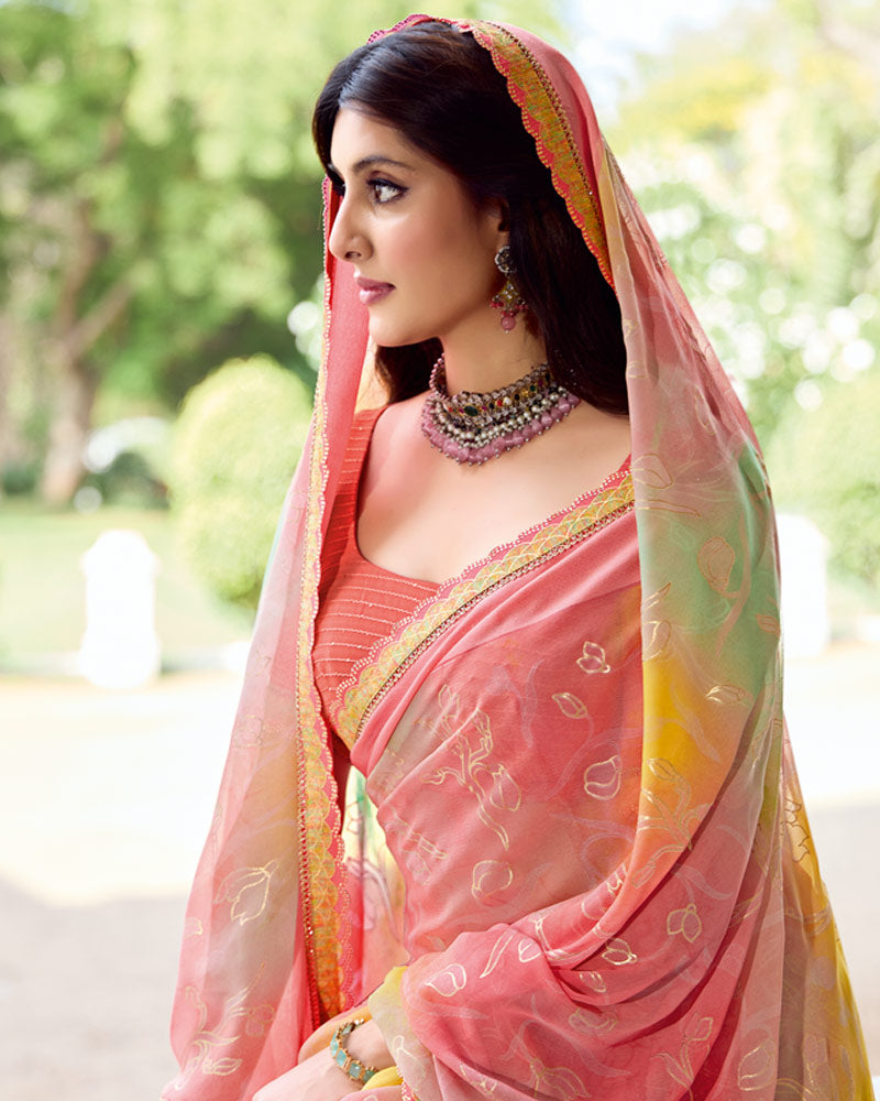 Vishal Prints Light Coral Fancy Chiffon Digital Print Saree With Foil Print And Fancy Border