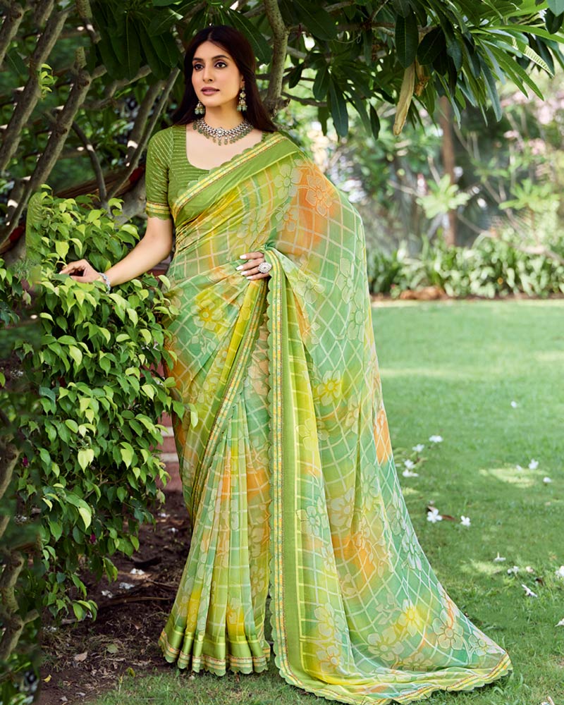 Vishal Prints Light Moss Green Fancy Chiffon Digital Print Saree With Foil Print And Fancy Border