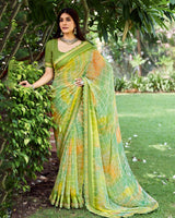 Vishal Prints Light Moss Green Fancy Chiffon Digital Print Saree With Foil Print And Fancy Border