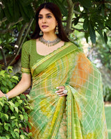 Vishal Prints Light Moss Green Fancy Chiffon Digital Print Saree With Foil Print And Fancy Border