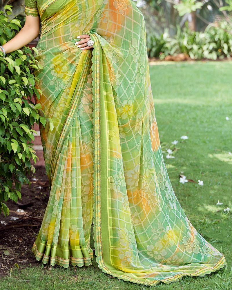 Vishal Prints Light Moss Green Fancy Chiffon Digital Print Saree With Foil Print And Fancy Border