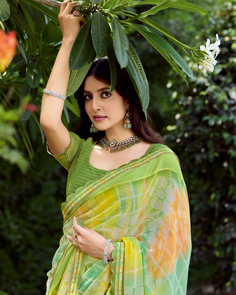 Vishal Prints Light Moss Green Fancy Chiffon Digital Print Saree With Foil Print And Fancy Border
