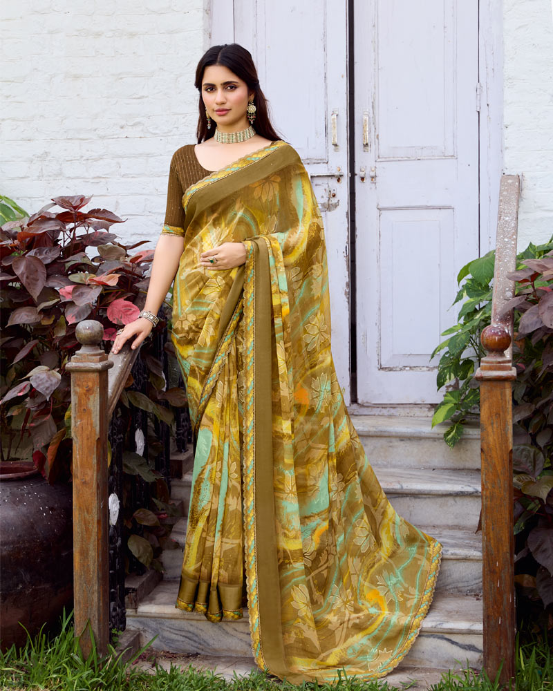 Vishal Prints Sandy Taupe Fancy Chiffon Digital Print Saree With Foil Print And Fancy Border