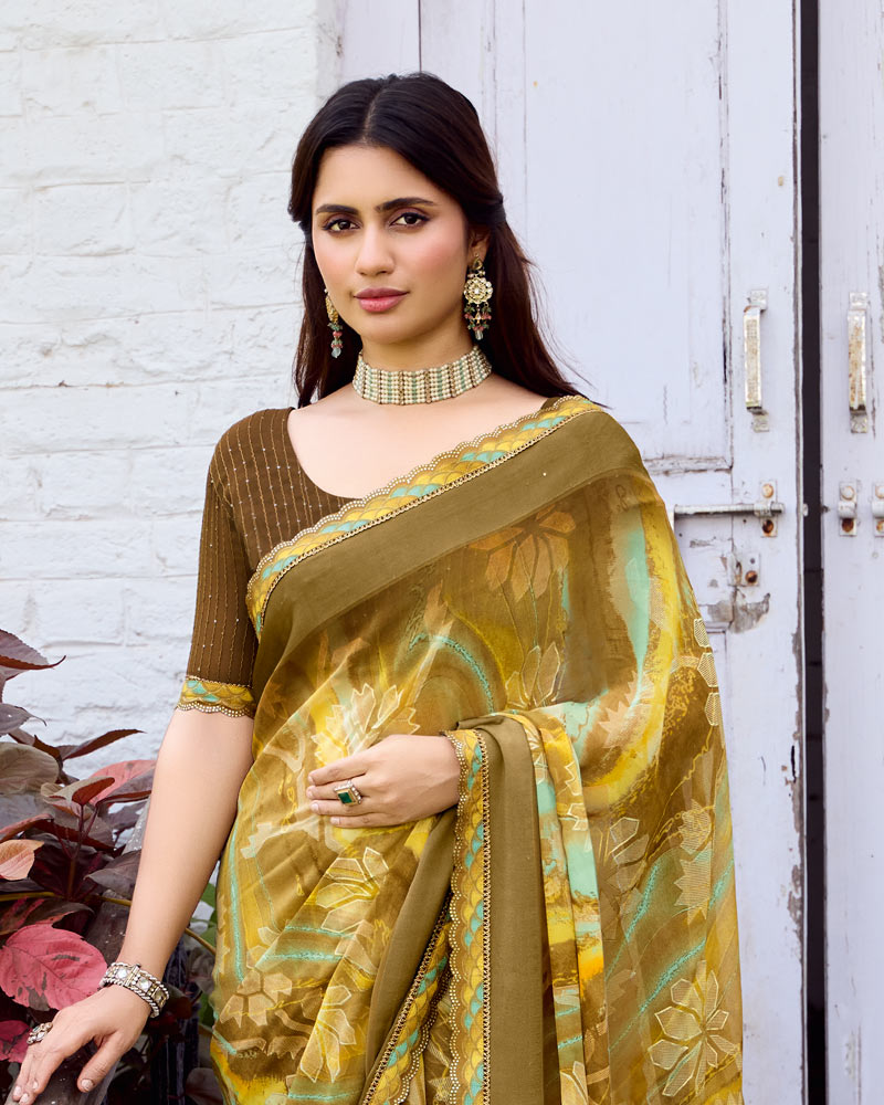 Vishal Prints Sandy Taupe Fancy Chiffon Digital Print Saree With Foil Print And Fancy Border