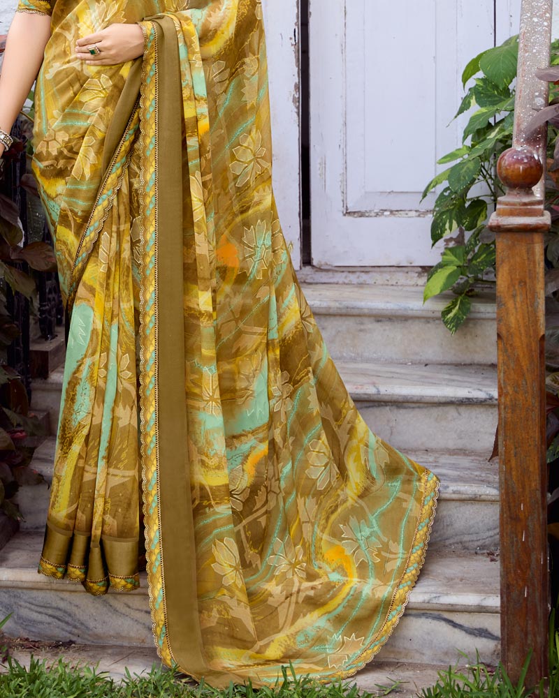 Vishal Prints Sandy Taupe Fancy Chiffon Digital Print Saree With Foil Print And Fancy Border