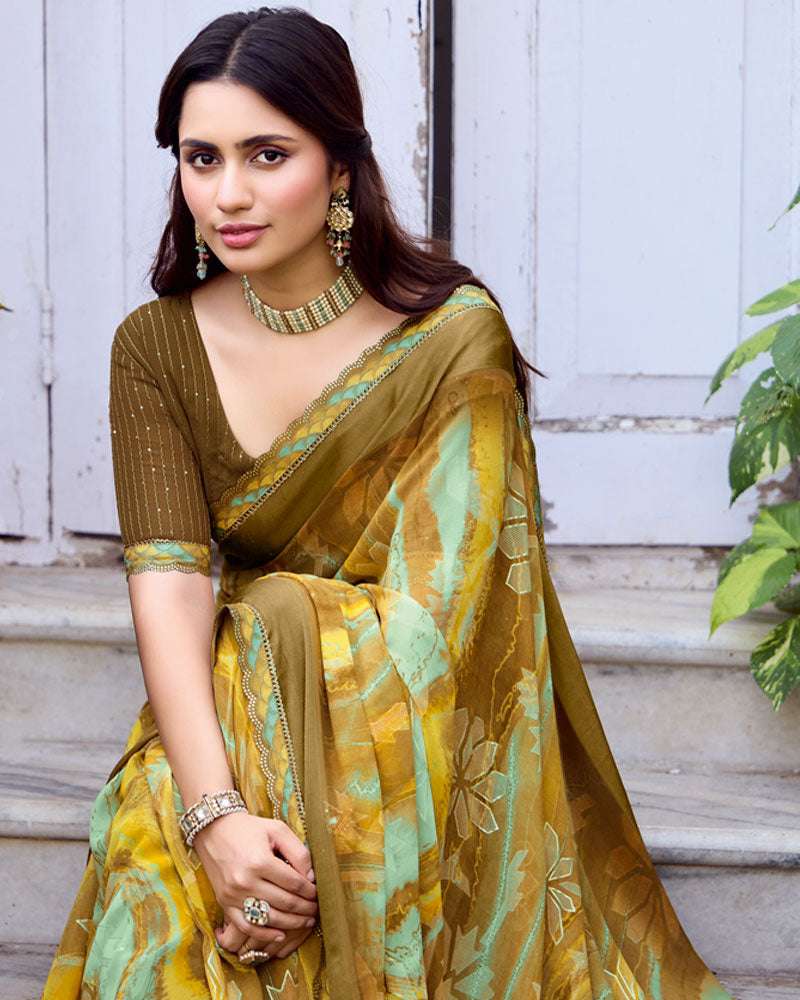 Vishal Prints Sandy Taupe Fancy Chiffon Digital Print Saree With Foil Print And Fancy Border