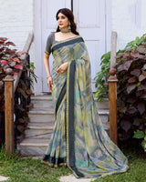 Vishal Prints Khaki Green And Charcoal Grey Fancy Chiffon Digital Print Saree With Foil Print And Fancy Border