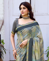Vishal Prints Khaki Green And Charcoal Grey Fancy Chiffon Digital Print Saree With Foil Print And Fancy Border