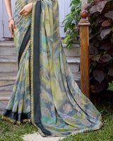 Vishal Prints Khaki Green And Charcoal Grey Fancy Chiffon Digital Print Saree With Foil Print And Fancy Border