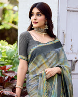 Vishal Prints Khaki Green And Charcoal Grey Fancy Chiffon Digital Print Saree With Foil Print And Fancy Border