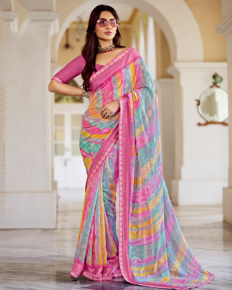 Vishal Prints Blush Pink And Northern Blue Fancy Chiffon Digital Print Saree With Foil Print And Fancy Border