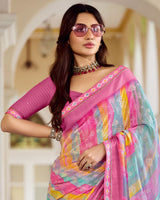 Vishal Prints Blush Pink And Northern Blue Fancy Chiffon Digital Print Saree With Foil Print And Fancy Border