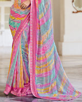 Vishal Prints Blush Pink And Northern Blue Fancy Chiffon Digital Print Saree With Foil Print And Fancy Border