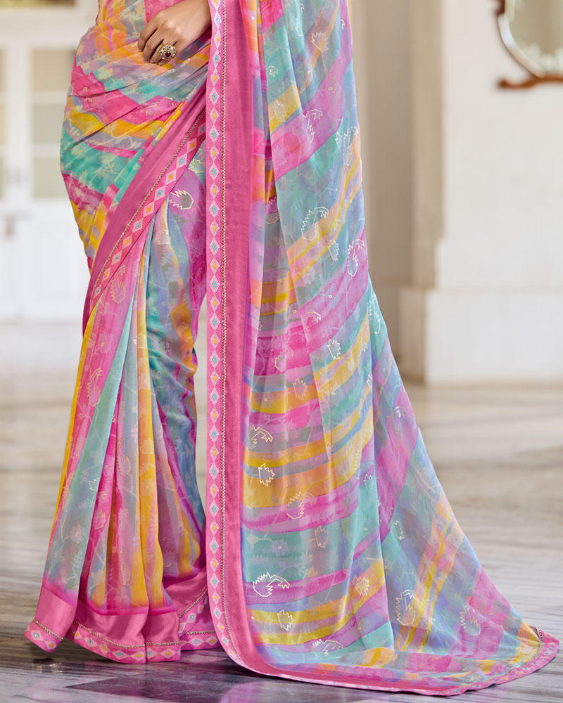 Vishal Prints Blush Pink And Northern Blue Fancy Chiffon Digital Print Saree With Foil Print And Fancy Border